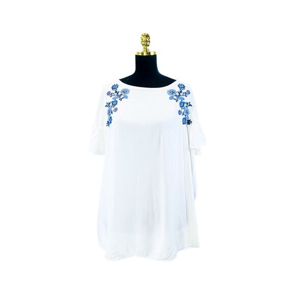 LOFT White & Blue Boho Embroidered Flutter Sleeve Blouse - XL - Picture 1 of 5